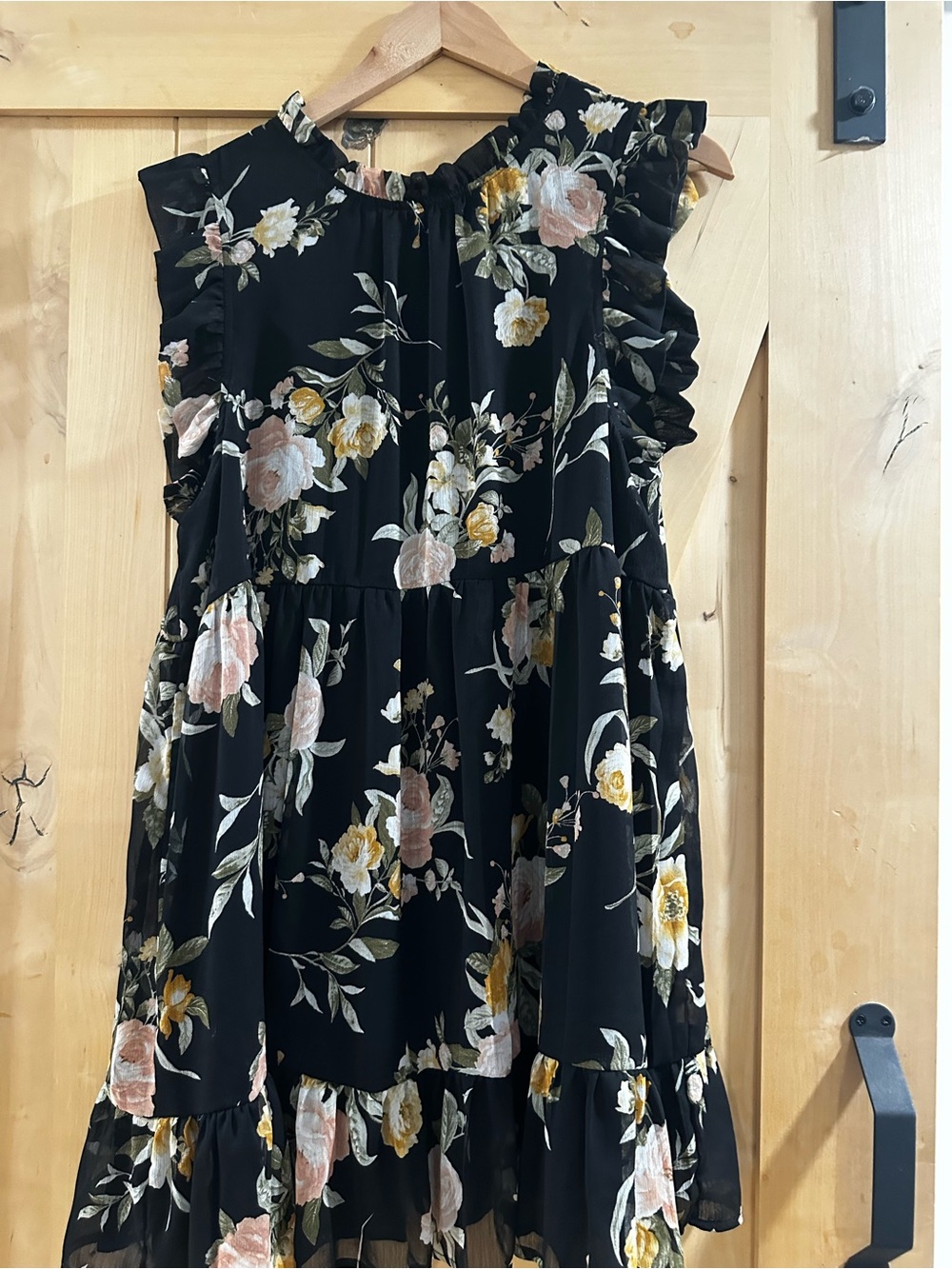 Vici Black Floral Ruffle Dress with Pink & Yellow Blooms
